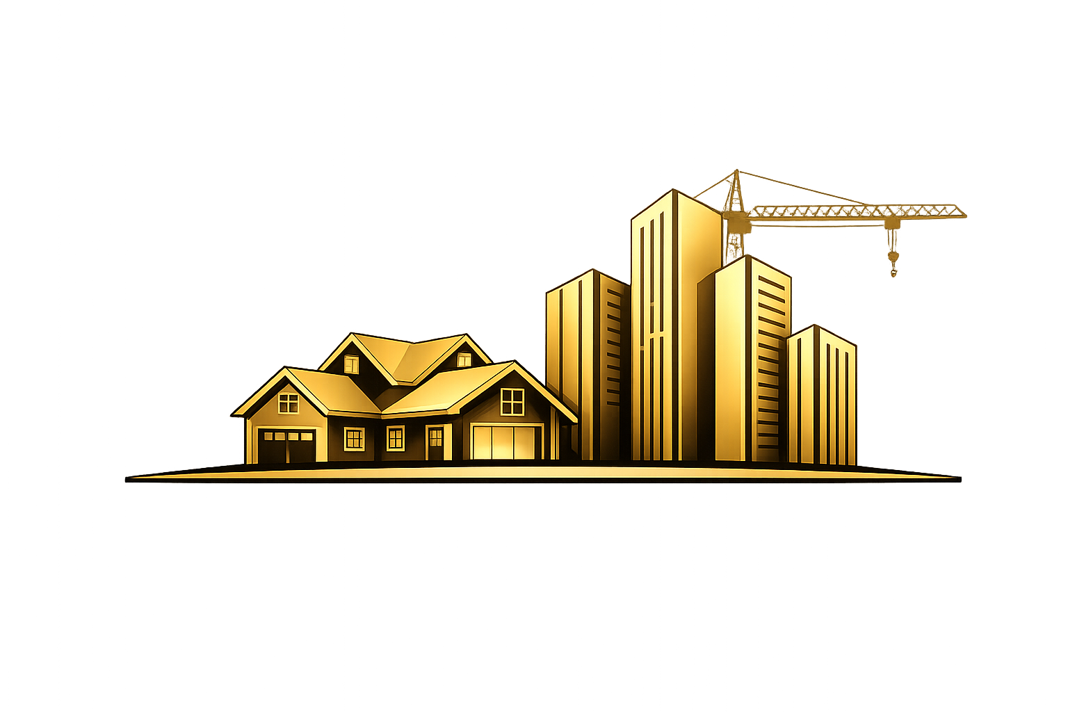 Illustration dorée d'un ensemble immobilier — maison, immeubles et grue