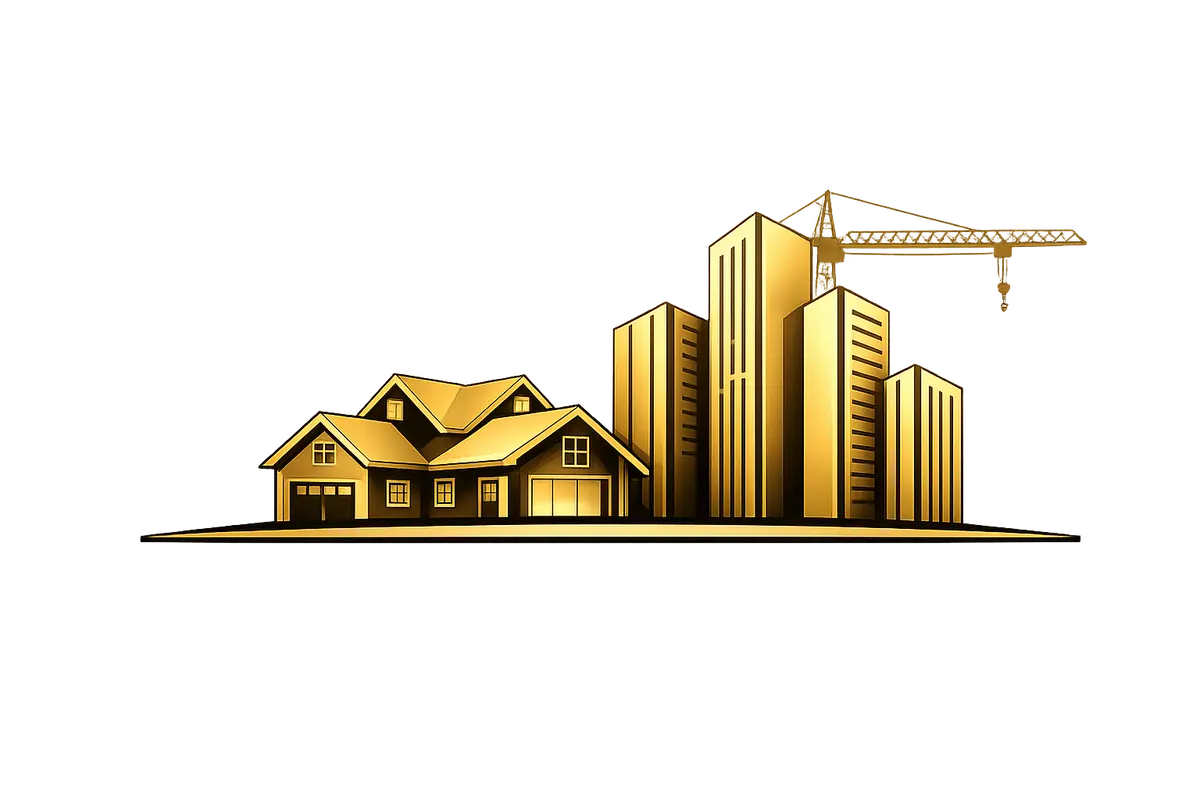 Illustration dorée d'un ensemble immobilier — maison, immeubles et grue