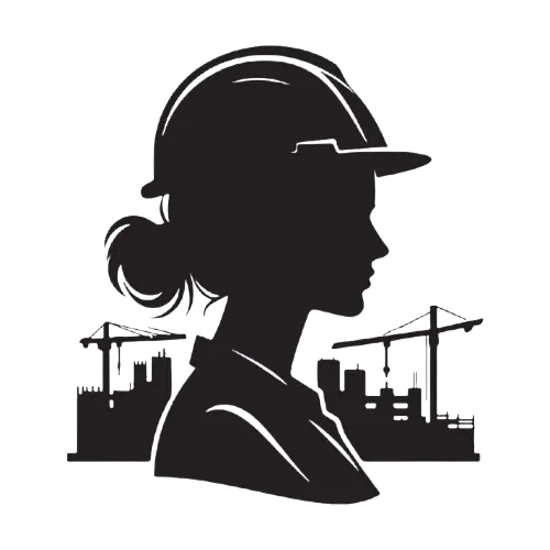 Silhouette d'une cheffe de chantier devant des bâtiments en construction